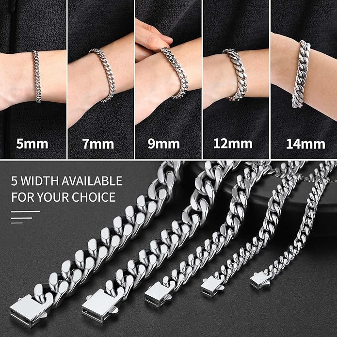 ChainsHouse Stainless Steel Cuban Link Bracelet for Men, 5mm/7mm/9mm/12mm Width, 7.5"/8.3"/9" Length, Black/18K Gold Plated Chain Wrist Bracelets for Men, with Gift Box