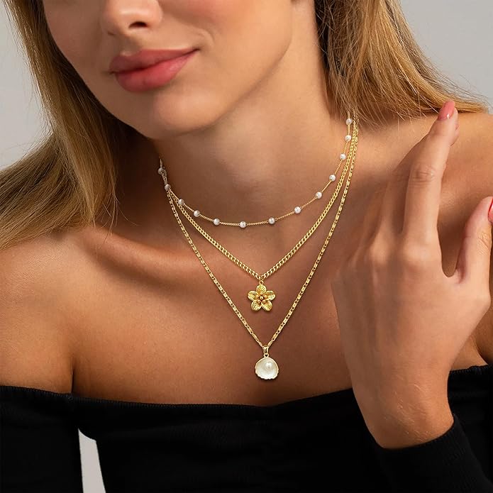 ASCOMY Gold Necklace for Women 14K Gold/Silver Plated Layered Necklaces Stackable Layering Cross Necklace Stacked Coin Pendant Pearl Herringbone Chain Stacking Gold Choker Trendy Jewelry Gift for Her