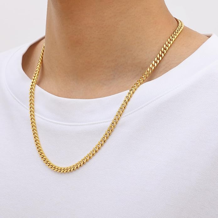 Fiusem Valentines Day Gifts for Him Silver Tone/Black/14K Gold Plated Chain Necklace for Men, 5mm/6mm/7.5mm/8mm/9mm Stainless Steel Cuban Link Chain Necklace, Men's Chains 18-28 Inch Jewelry Gifts