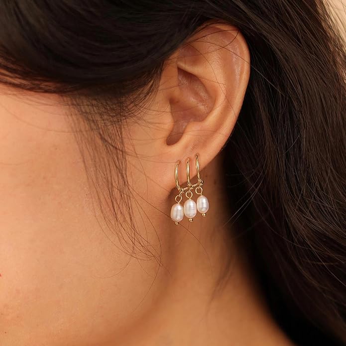 14K Gold Plated Pearl Dangle Earrings for Women, Small Pearl Drop Huggie Hoop Earrings, Hypoallergenic Dainty Gold Wedding Earrings Jewelry Gifts for Women Trendy