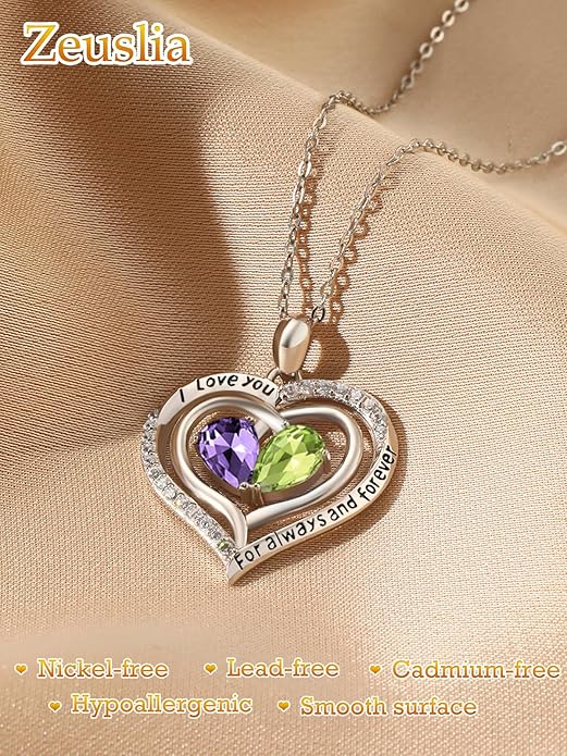 Zeuslia Double Birthstone Necklace Gifts for Wife - 925 Sterling Silver Sunflower/Rose/Crown Cross/Compass/Heart Pendant I Love You Necklace, Anniversary Birthday Gifts for Wife Girlfriend Mom Her