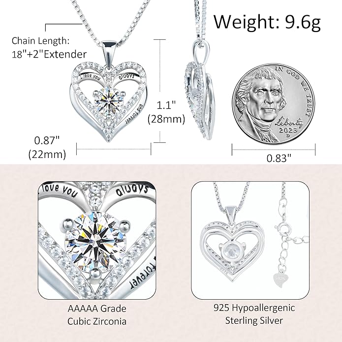 Kuschelkatze Entwined Souls Necklace - Sterling Silver Double Heart Pendant | Engraved 'I Love You Always and Forever' | Gift for Couples, Anniversary, Wedding