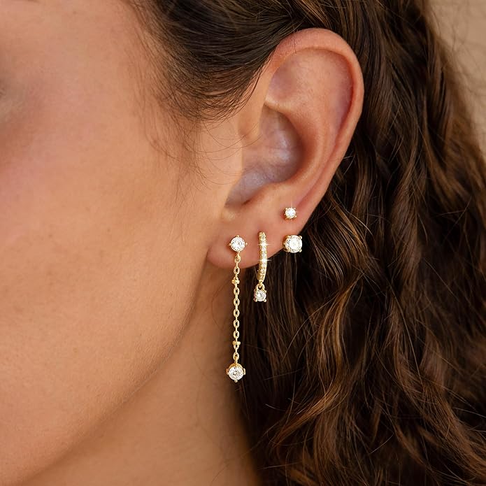 3 Pairs Earrings Set for Multiple Piercings, Gold Plated Studs Hoop Earrings Stack, CZ Dangle Earrings Set, Hypoallergenic for Sensitive Ears, Women's Gift