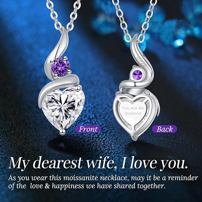 Moissanite Heart Pendant Necklaces for Women, 925 Sterling Silver Necklace with Birthstone, Ideal Anniversary Present or Birthday Christmas Valentine Mothers Day Jewelry Gifts for Mom Wife Her Girlfriend