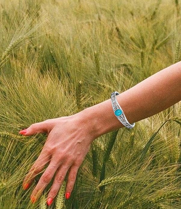 Genuine Turquoise Vintage Flower Bracelet Bangle, Sterling Silver Boho Adjustable Bangle Cuff Native American Jewelry for Women, Fit for 6.5 7 7.5 Inches