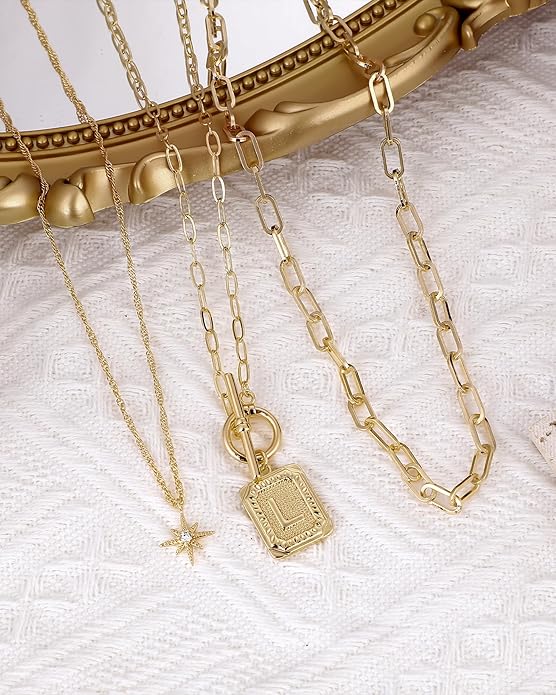 MJartoria Layered Initial Necklaces for Women Trendy, 14K Gold Plated Brass Simple Star Choker Square Letter Pendant Necklace, Paperclip Chain Necklaces Jewelry Gifts