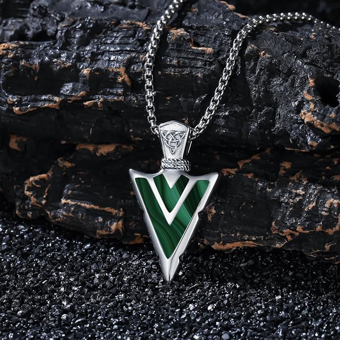 Suiknsn Arrowhead Necklace for Men Women 925 Sterling Silver Turquoise Malachite Celtic/Eye of Horus/Viking Arrow Pendant Amulet Jewelry Gifts Native American Necklace