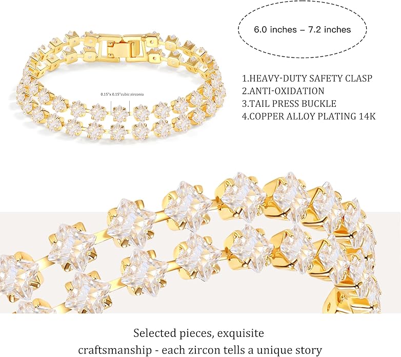 14K Gold Plated Tennis Bracelet for Women – Classic CZ Link Design, Fits 6.0"–7.2" Wrists – Stylish Sparkling Jewelry Gift, Timeless Tennis Bracelets for Women