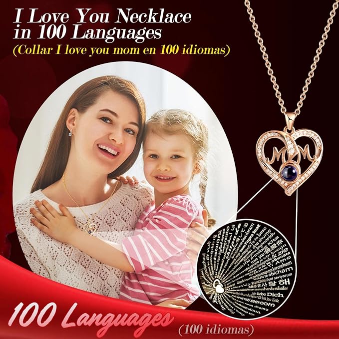 ADDWel Gifts for Mom from Daughter and Son, Unique Mother Birthday Xmas Gift Idea, Preserved Real Roses with I Love You in 100 Languages Mom Necklace, Cool to Mother Mama