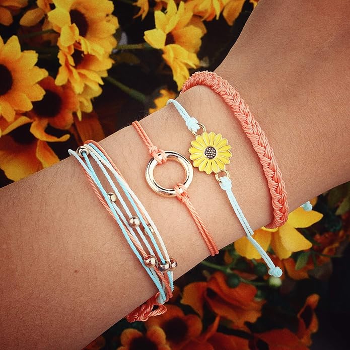 FANCY SHINY Sunflower String Bracelet Boho Braided Rope Wrap Bracelets Cute Summer Beach Surfer Jewelry for Women