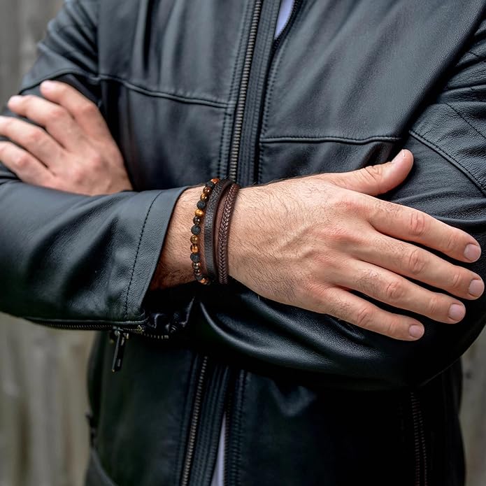 Gifts for Men - Layered Leather Beads Bracelet, Tiger Eye Lava Rock Stone Braided Leather Bracelets for Men Adjustable Magnetic Clasp Birthday Gifts