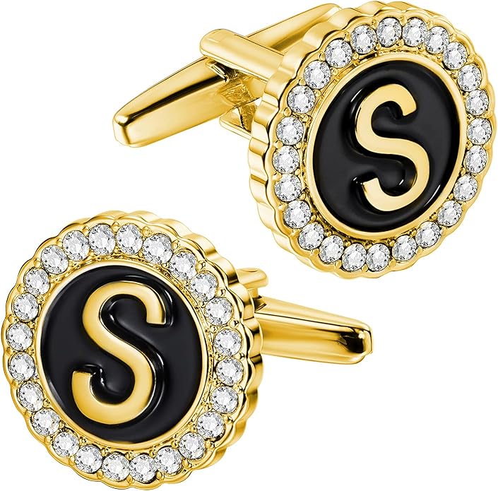HAWSON A-Z Initial Cufflinks for Men and Women with Clear Crystal, Gold Silver Color Rasied Letter A-Z Cuff Links for French Shirt, Gift for Normal and Business Wearing