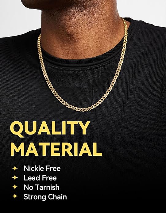 ChainsHouse Miami Cuban Link Chain Necklace for Men, 4.8mm/6mm/10mm/14mm Width, 14K Gold Plated/Stainless Steel/Black Mens Chunky Hip Hop Necklace Curb Chains, 14"-30" Length, Come Gift Box