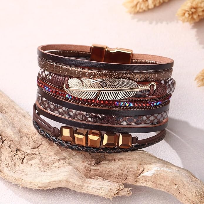 Fesciory Leopard Bracelet for Women, Boho Leather Wrap Multi-Layer Pearl Crystal Bracelet Bangle Jewelry