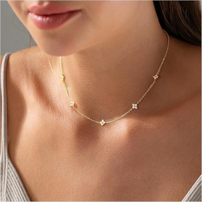 Yoosteel Dainty Gold-plated Clover Pearl Heart Butterfly Star flower Choker Necklace for Women - 14K Gold Plated Cubic Zirconia Pendant Station Necklaces for Women Teens Trendy Prom Jewelry Gifts