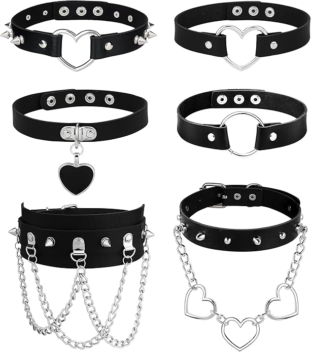 HAIAISO 6-9pcs Leather Punk Goth Choker Necklace with Love Heart Spikes, Adjustable Pu Collar for Women