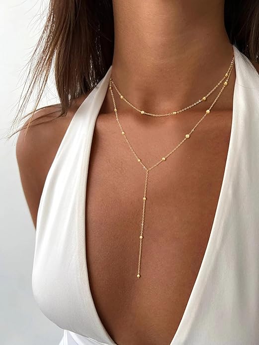 Long Gold Necklace for Women Trendy, Dainty Layered Lariat Necklace 14k Gold Plated Silver Y Shaped Beaded Chain Non Tarnish Drop Necklaces Simple Adjustable Jewelry Gift