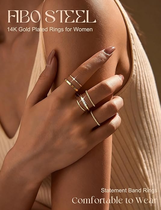 FIBO STEEL 14K Gold Plated Stackable Rings for Women Non Tarnish - Dainty Rings Cubic Zirconia Thin Ring Set Minimalist Thumb Stacking Ring Size 5-11