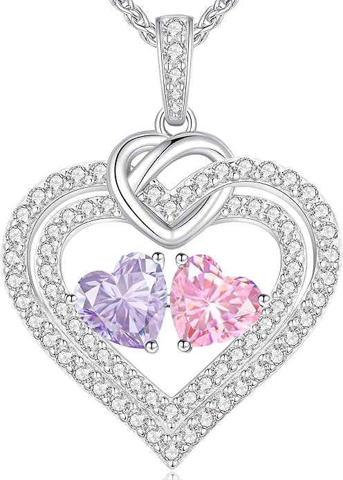 LOUISA SECRET Sparkling Double Heart Birthstone Necklaces for Women, 925 Sterling Silver Fine Jewelry, Pendant Heart Necklaces Birthday Anniversary Christmas Gift for Women Wife Mom Girlfriend Lady