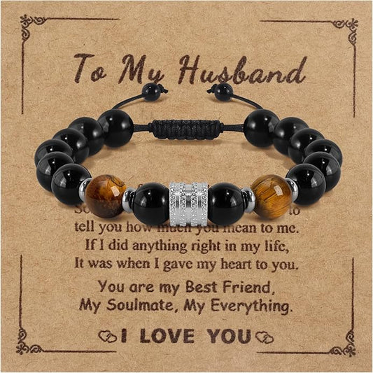 Hamoery Bracelets for Men Natural Tiger Eye Stone Beads Braided Rope Bracelet Gift for Dad Husband