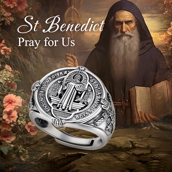EUDORA S925 Sterling Silver St Benedict Ring San Benito Rings for Women Men, Vintage Ankh Cross Ring Saint Benedict Amulet Adjustable Rings Gifts for Women Mens Father Mother