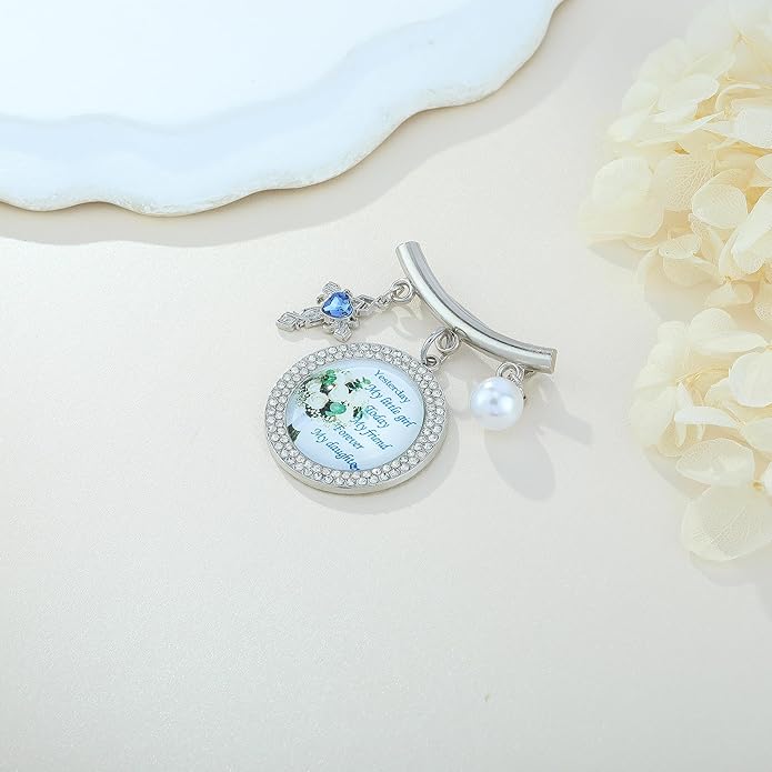 Wedding Bridal Pin, Something Blue Silver Crystal Brooch with Blue Heart Charm, Pearl Accent and Sentimental Message for Mother of Bride Gift
