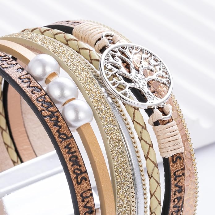 FANCY SHINY Tree of Life Leather Wrap Bracelet Inspirational Cuff Bangles Boho Pearl Bracelets with Magnetic Clasp Unique Jewelry Gifts for Women