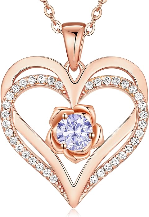 CDE Christmas Gifts for Women S925 Silver Rose Gold Heart Birthstone Necklaces for Women，Ideal Anniversary or Birthday Jewelry Gifts for Wife Girlfriend Her