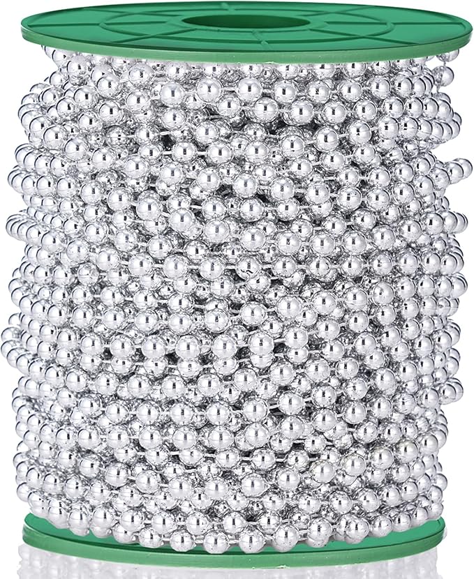 Fbshicung 5mm Faux Pearl Beads Garland Pearl Bead Roll Strand for Wedding Party Christmas Tree Decorations, 99 Feet Roll (Silvery)