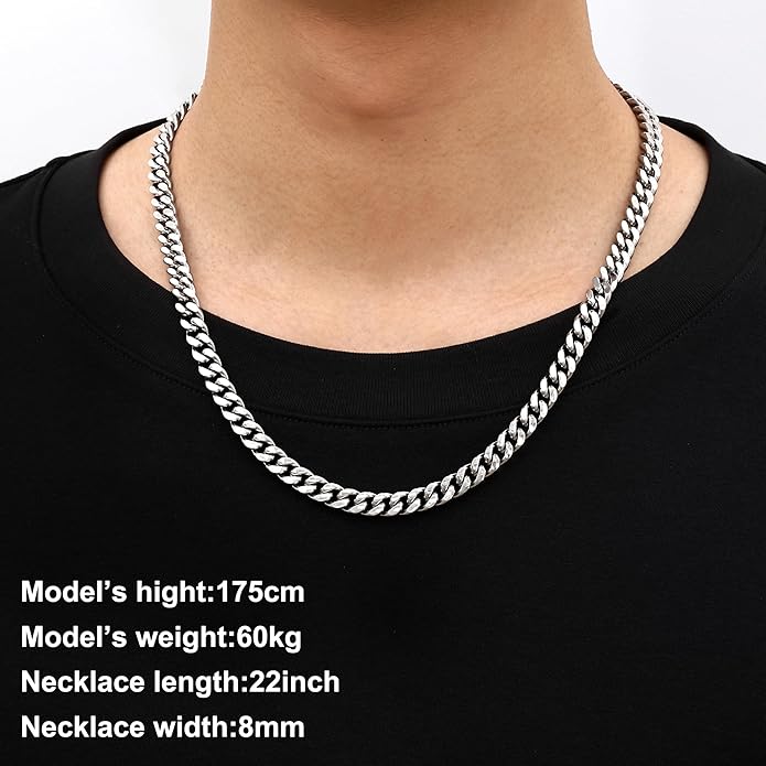 Fiusem Valentines Day Gifts for Him Silver Tone/Black/14K Gold Plated Chain Necklace for Men, 5mm/6mm/7.5mm/8mm/9mm Stainless Steel Cuban Link Chain Necklace, Men's Chains 18-28 Inch Jewelry Gifts