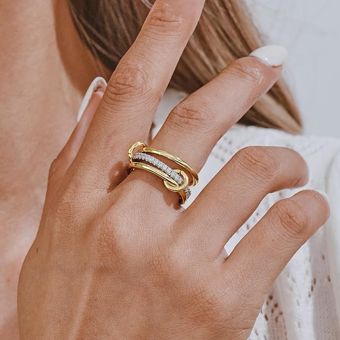 AllenCOCO 14K Gold Plated Stackable Rings, 3 Ring Set with CZ Cubic Zirconia, Gold & Silver Stacked, Multi-Link Connected Interlocking Band for Women Statement Hypoallergenic Upgraded Craft