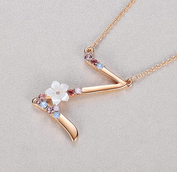 Flower Initial Letter Necklace Pink Red Blue Simulated Pearl Pendant Name Jewelry Made with Austrian Crystals Rose Gold Plated Anniversary Birthday Gifts for Women,18"+2"