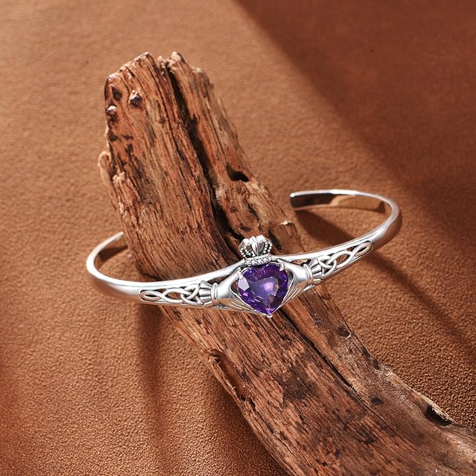 Genuine Amethyst Claddagh Cuff Bracelet for Women, 925 Sterling Silver Adjustable Celtic Knot Bangle, Irish Good Luck Friendship Gift for Her