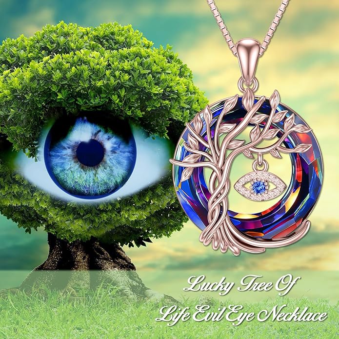 TOUPOP Evil Eye Necklace 925 Sterling Silver Tree of Life Circle Crystal Pendant Necklace Protection Jewelry Amulet Christmas Gifts for Women Her