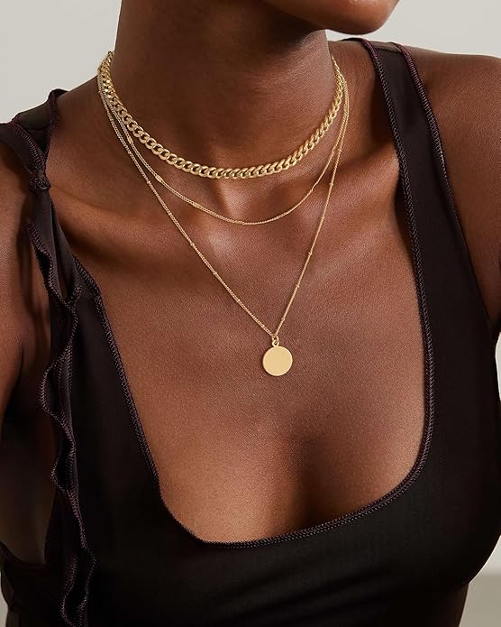 Layered Gold Silver Necklace for Women Non Tarnish,Dainty Choker Statement Chunky Necklace Stack Charm Pendant Chain Necklace Set 14K Gold Plated Long Stacked Womens Necklaces Trendy Jewelry Gift
