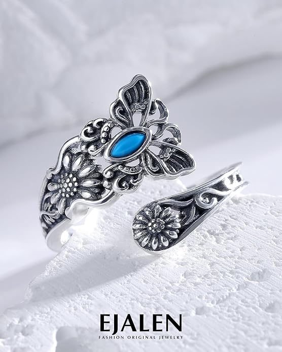 S925-Sterling-Silver Abalone Dragonfly-Turquoise Spoon Ring - Vintage Boho Sunflower Thumb Oxidized Wrap Rings Victorian Style Antique Floral Jewelry Gifts for Women