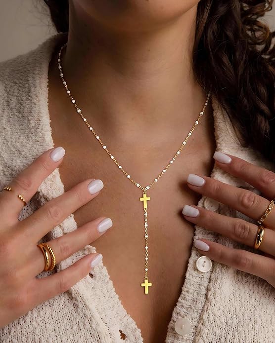 Ursteel Dainty Lariat Necklace for Women, 14K Gold Plated Y-Shaped Long Necklace Layered Drop Necklaces Pearl Cross Clover CZ Charm Necklaces for Women Christmas Jewelry Gifts Stocking Stuffers