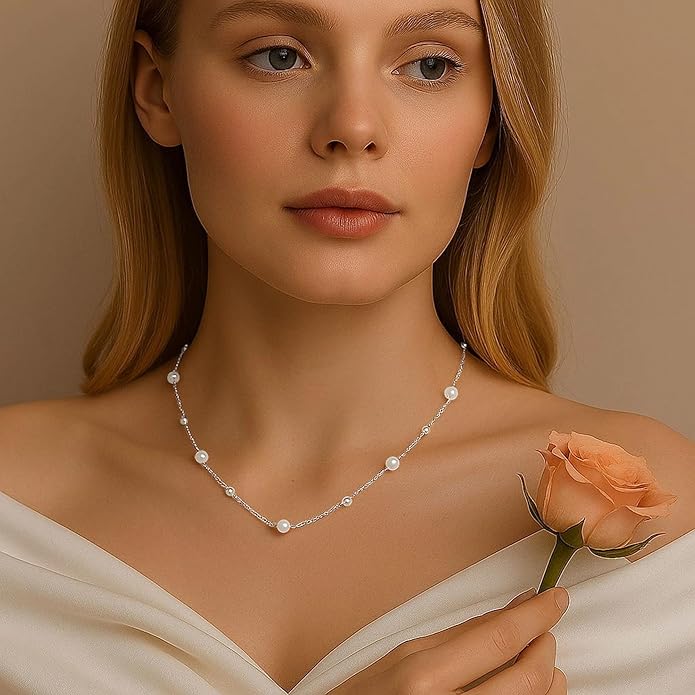 SmileBelle Pearl Necklaces for Women, Daisy Pearl Choker as Y Shaped Pearls Jewelry Gold Heart Necklace for Anniversary Birthday Gifts White Baroque Necklace as Wedding Jewelry