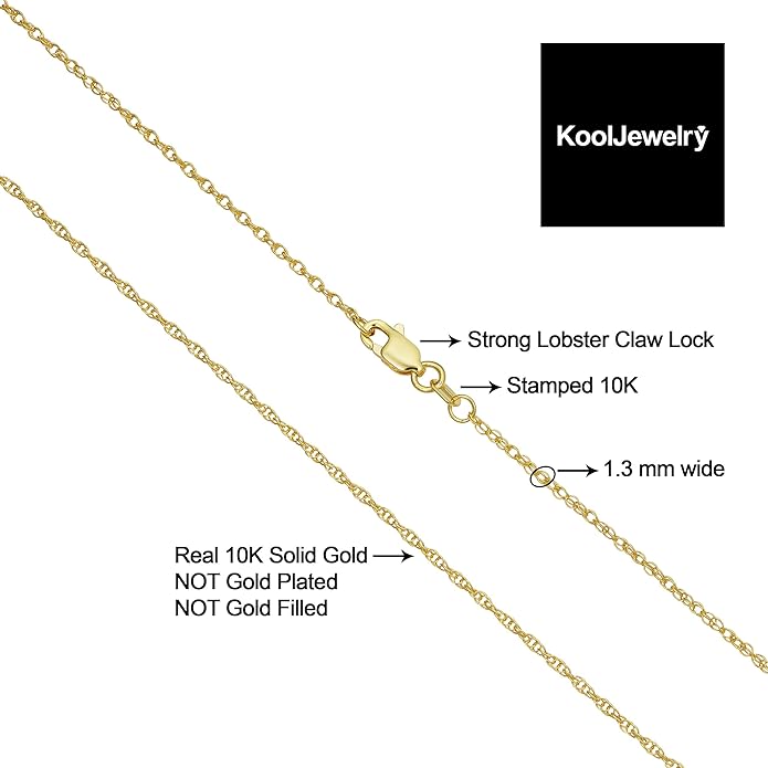 Kooljewelry Womens Classic Rope Chain - 10k Yellow Gold Barely-There Necklace, Thin Lightweight