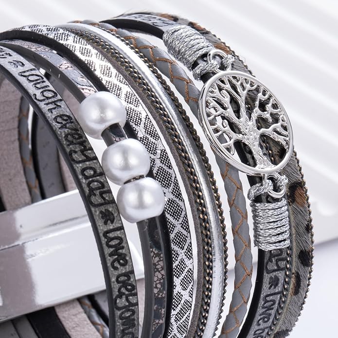 FANCY SHINY Tree of Life Leather Wrap Bracelet Inspirational Cuff Bangles Boho Pearl Bracelets with Magnetic Clasp Unique Jewelry Gifts for Women
