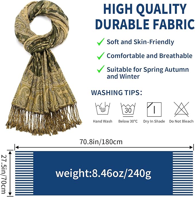 QIUTIMIY Paisley Pashmina Shawl Wrap Women Reversible Vintage Jacquard Pashmina Rave Scarf with Fringe for Evening, Wedding