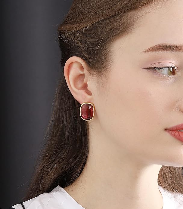 M.DUN- Round Edges Rectangle Shape Studs Earring. Abalone Amber Turquoise Resin Stone Design, 18k Real Gold Plated Bezel, Hypoallergenic Gorgeous Gift for Women