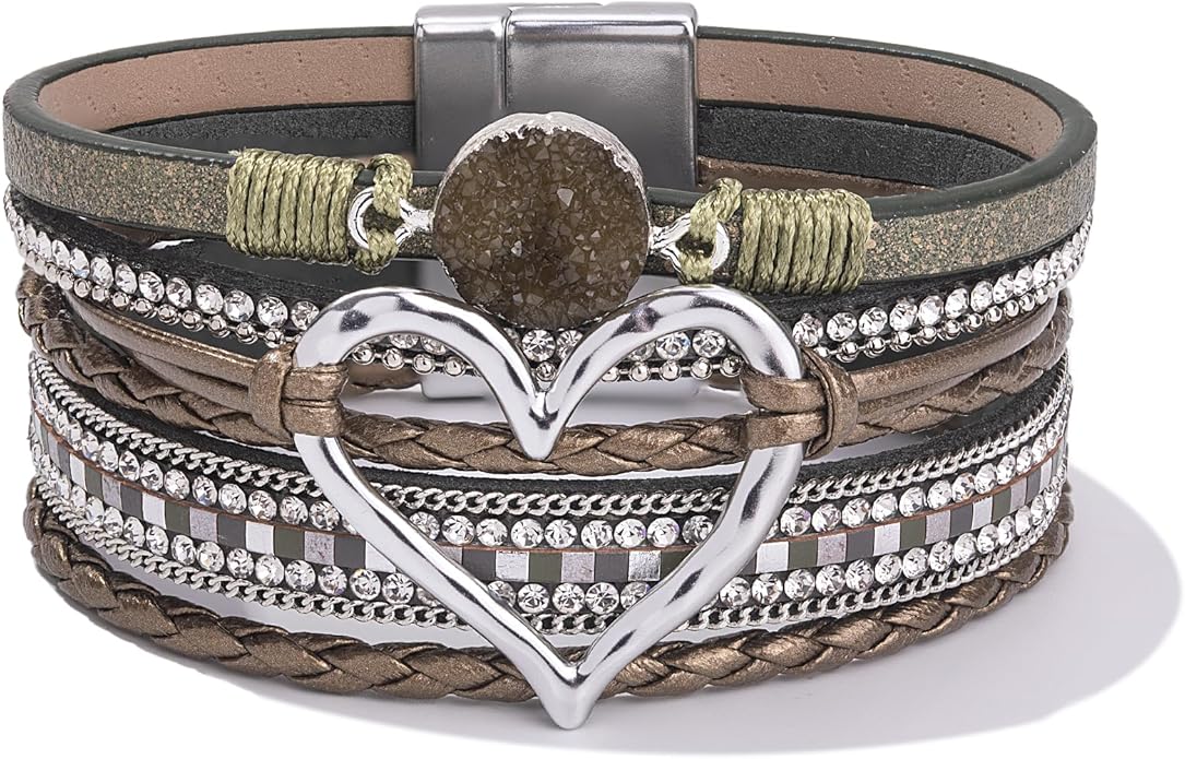 FANCY SHINY Heart Leather Wrap Bracelets Stackable Boho Cuff Bangles Trendy Resin Stone Rhinestone Bracelets with Magnetic Clasp for Women