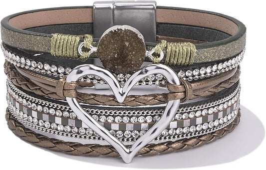 FANCY SHINY Heart Leather Wrap Bracelets Stackable Boho Cuff Bangles Trendy Resin Stone Rhinestone Bracelets with Magnetic Clasp for Women