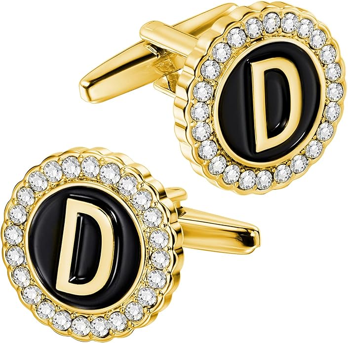 HAWSON A-Z Initial Cufflinks for Men and Women with Clear Crystal, Gold Silver Color Rasied Letter A-Z Cuff Links for French Shirt, Gift for Normal and Business Wearing