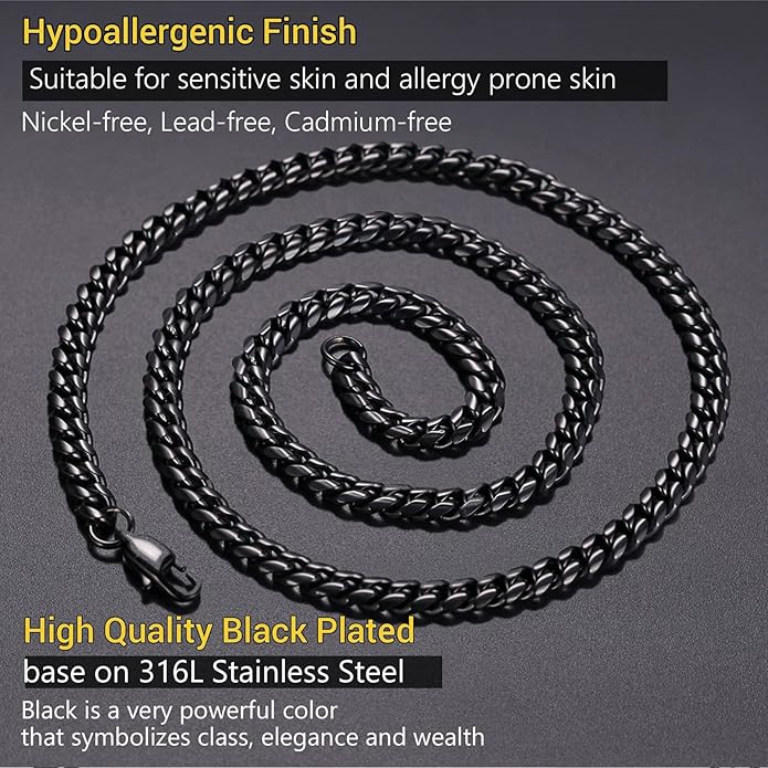 PROSTEEL 316L Stainless Steel Figaro Cuban Chain Necklace for Men, Black/18K Real Gold Plated, 4/5/6/7.5/9/10/13mm, 14inch-30inch, Come with Box