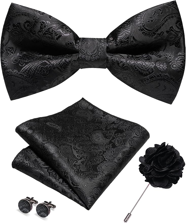 JEMYGINS Paisley Pre-tied Bow Tie and Pocket Square Cufflinks Lapel Pin Sets for Men 4PCS