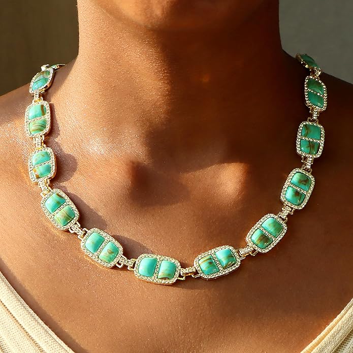 Chunky Necklace for Women 12 Colors Diamond Stone Gold Statement Necklace for Women Full Trendy Blue Birthstone Choker Necklace for Women Square Design Necklace Jewelry