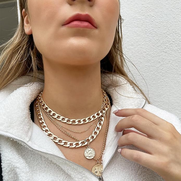 MJartoria Layered Necklaces for Women Trendy Retro Coin Pendant Necklace Dainty Chunky Chain Choker Necklaces for Jewelry Birthday Gifts