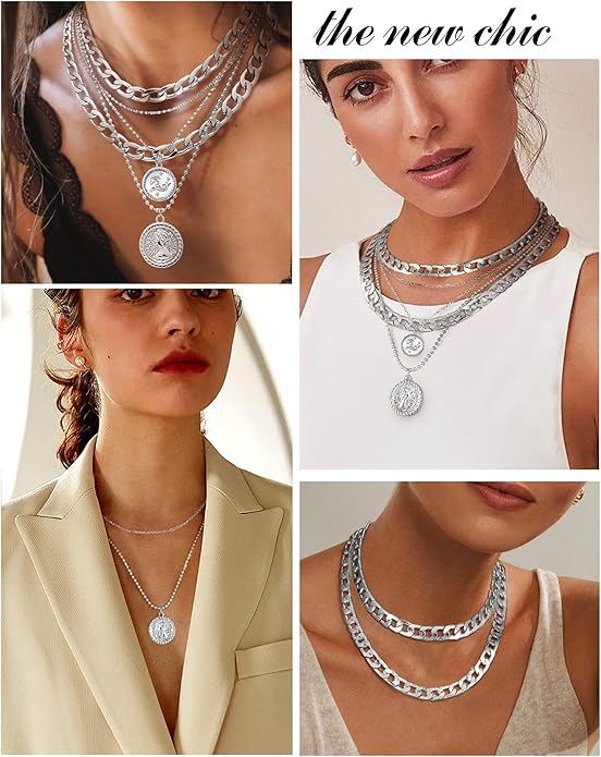 MJartoria Layered Necklaces for Women Trendy Retro Coin Pendant Necklace Dainty Chunky Chain Choker Necklaces for Jewelry Birthday Gifts